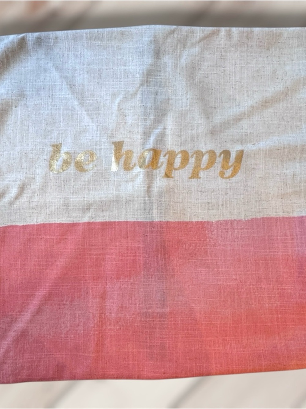 Be Happy Gold Script Pink and Cream Decorative Throw Pillow Cover